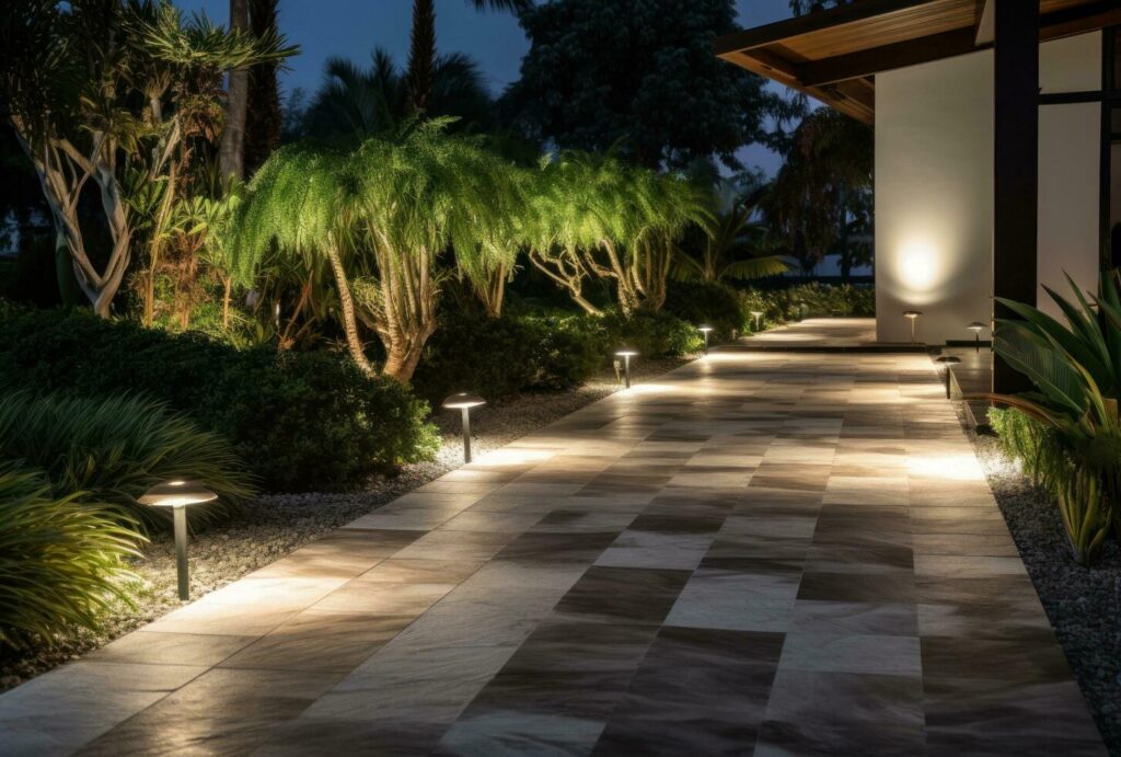 A walkway that is lit up by landscape lighting.