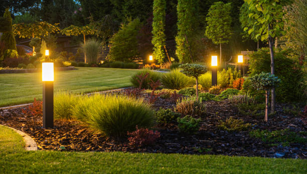 A yard with flowerbeds that landscaped outdoor lighting.